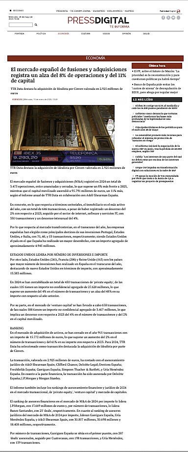 El mercado espaol de fusiones y adquisiciones registra un alza del 8% de operaciones y del 11% de capital